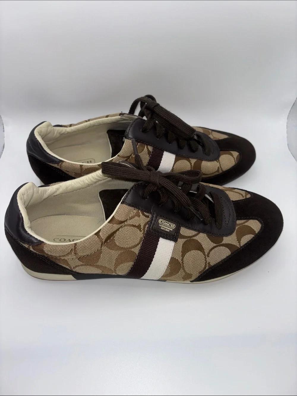 Coach Brown & Cream Monogram Lace-Up Sneakers